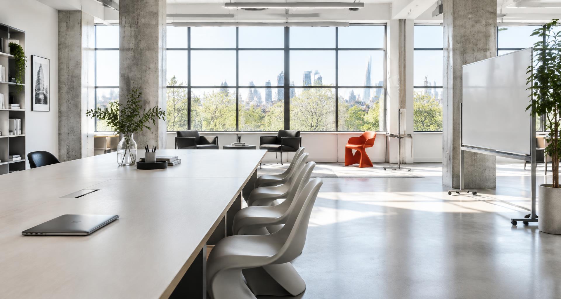 A bright collaborative workspace with a project whiteboard